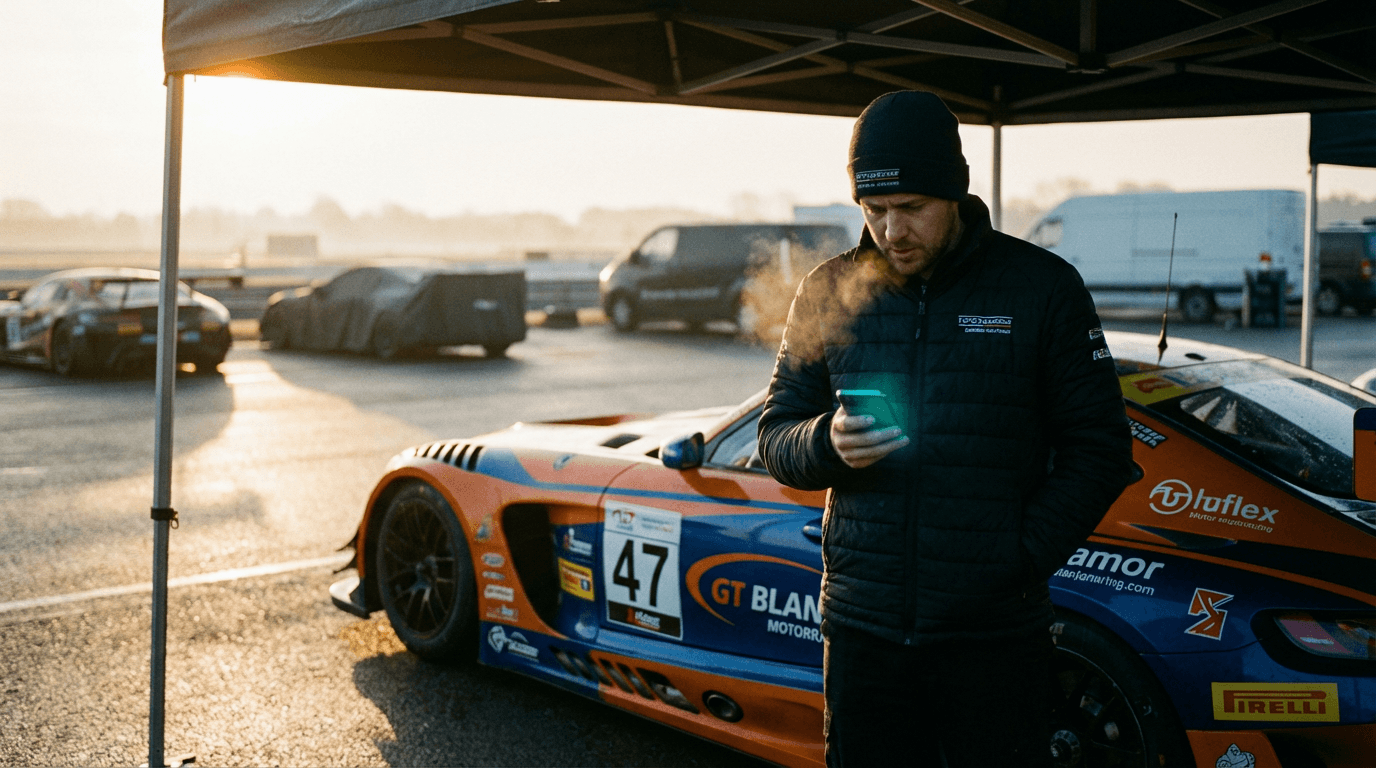 A driver checking his phone beside a GT car in the paddock at dawn