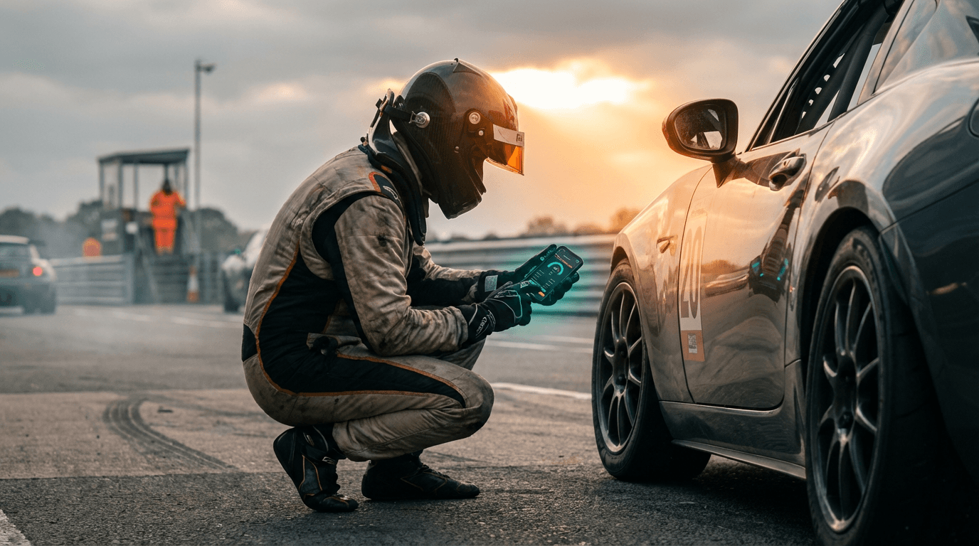 A driver crouched beside his car in the paddock, checking his setup on a tablet